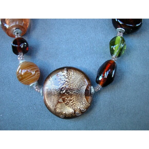 Handcrafted Glass Bead Necklace With Metallic Gold Accents & Mixed Colors 18" Ch - Picture 3 of 4